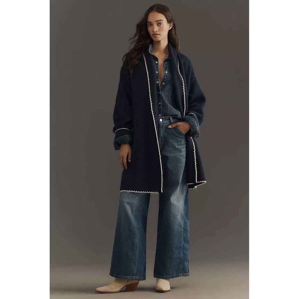Flat White Cardigan Mariel Whipstitch OS Navy Blue Boho Open Front Sweater